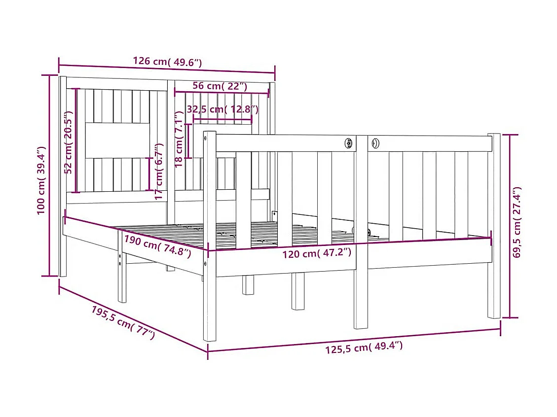 Lit simple | Lit adulte, enfant | Cadre de lit 120x190 cm bois massif
