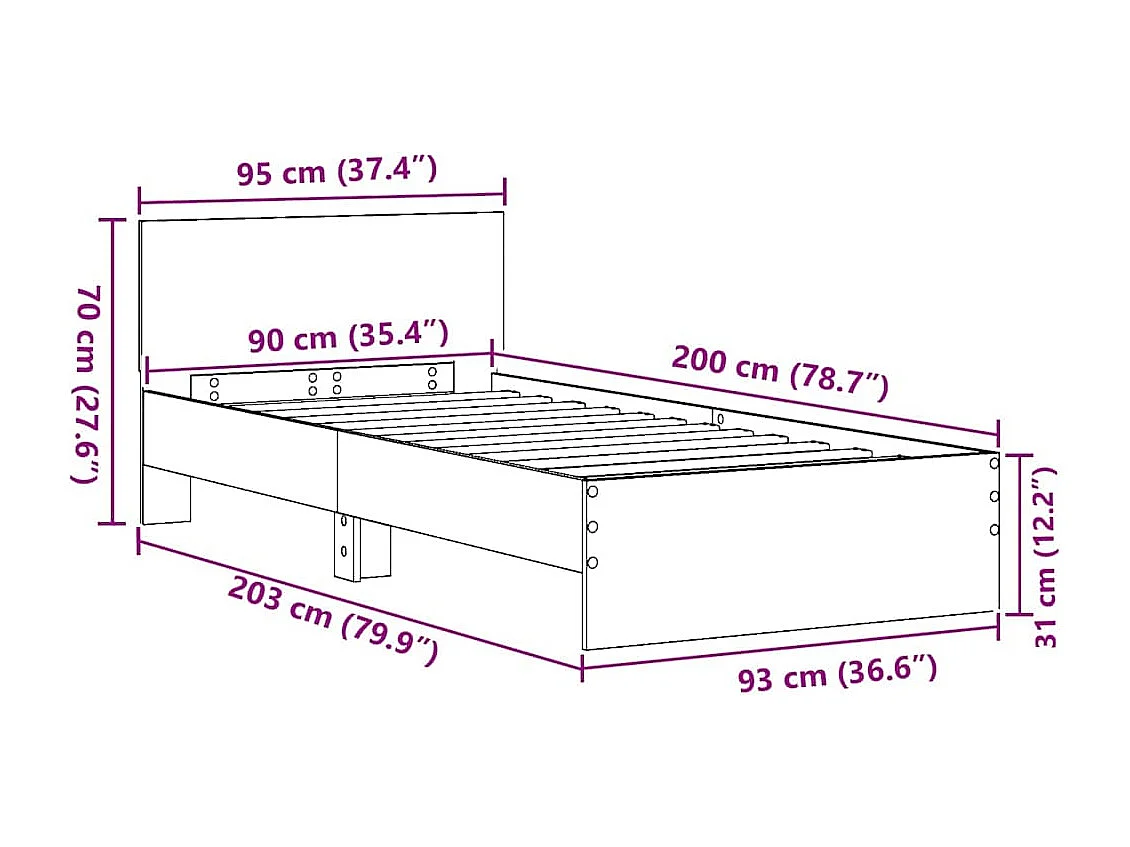 Lit simple | Lit adulte, enfant | Cadre de lit Bois ancien 90x200 cm Bois d'ingénierie