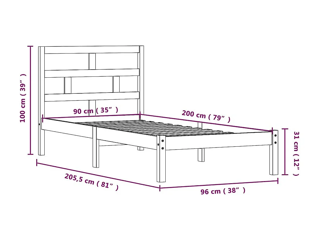 Lit simple | Lit adulte, enfant | Cadre de lit blanc bois massif 90x200 cm