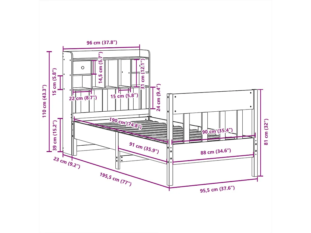 Lit simple | Lit adulte, enfant | Cadre de lit 90x190 cm bois de pin massif
