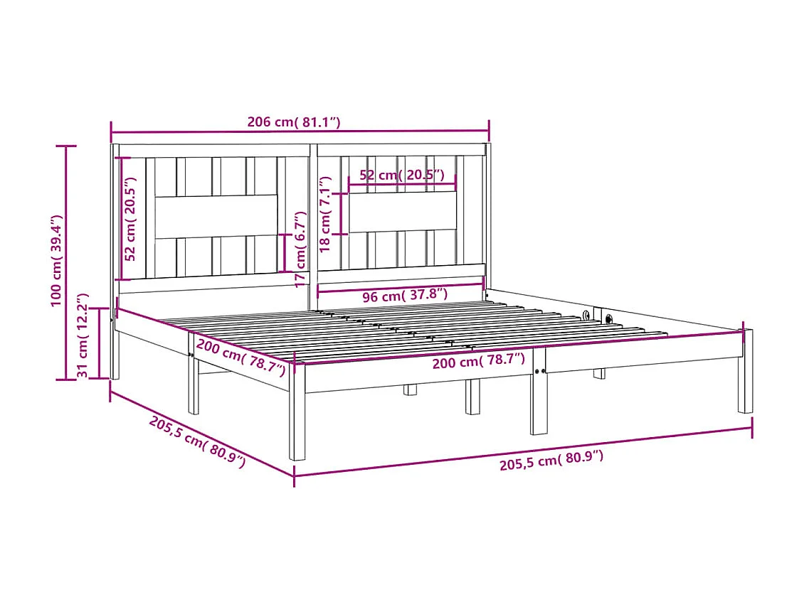 Lit double | Lit adulte | Cadre de lit noir bois massif 200x200 cm