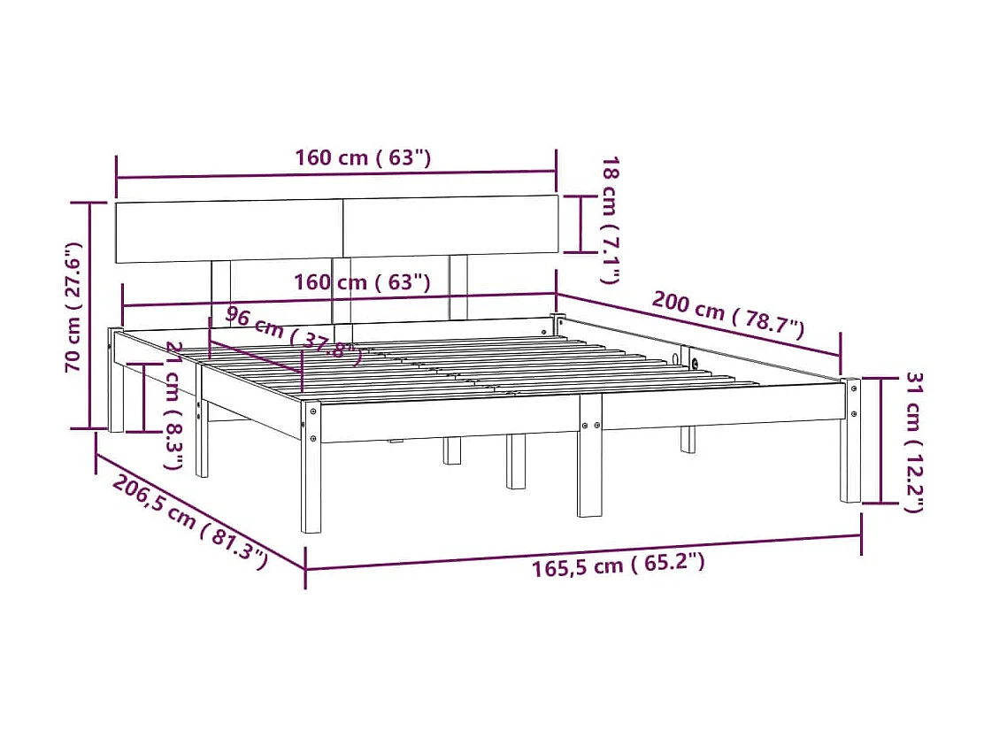 Lit double | Lit adulte | Cadre de lit blanc bois massif 160x200 cm