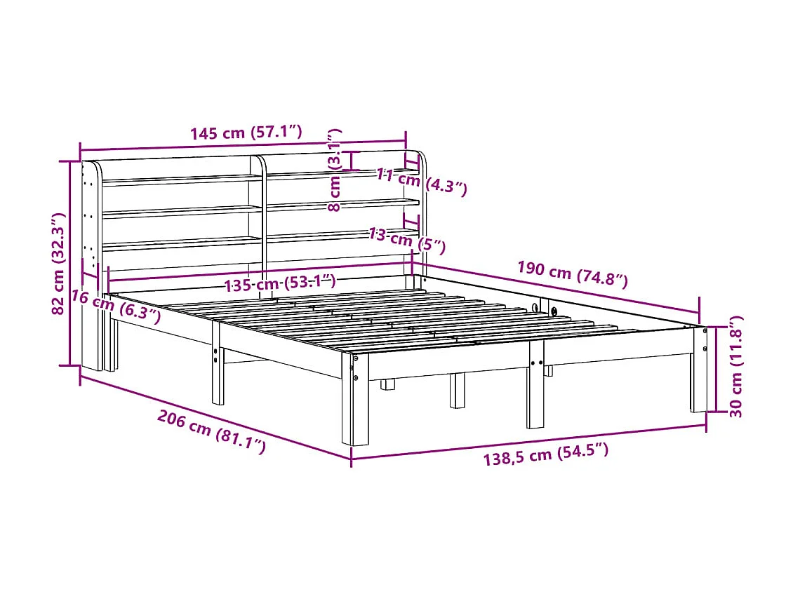 Lit double | Lit adulte | Cadre de lit cire marron 135x190cm bois pin massif