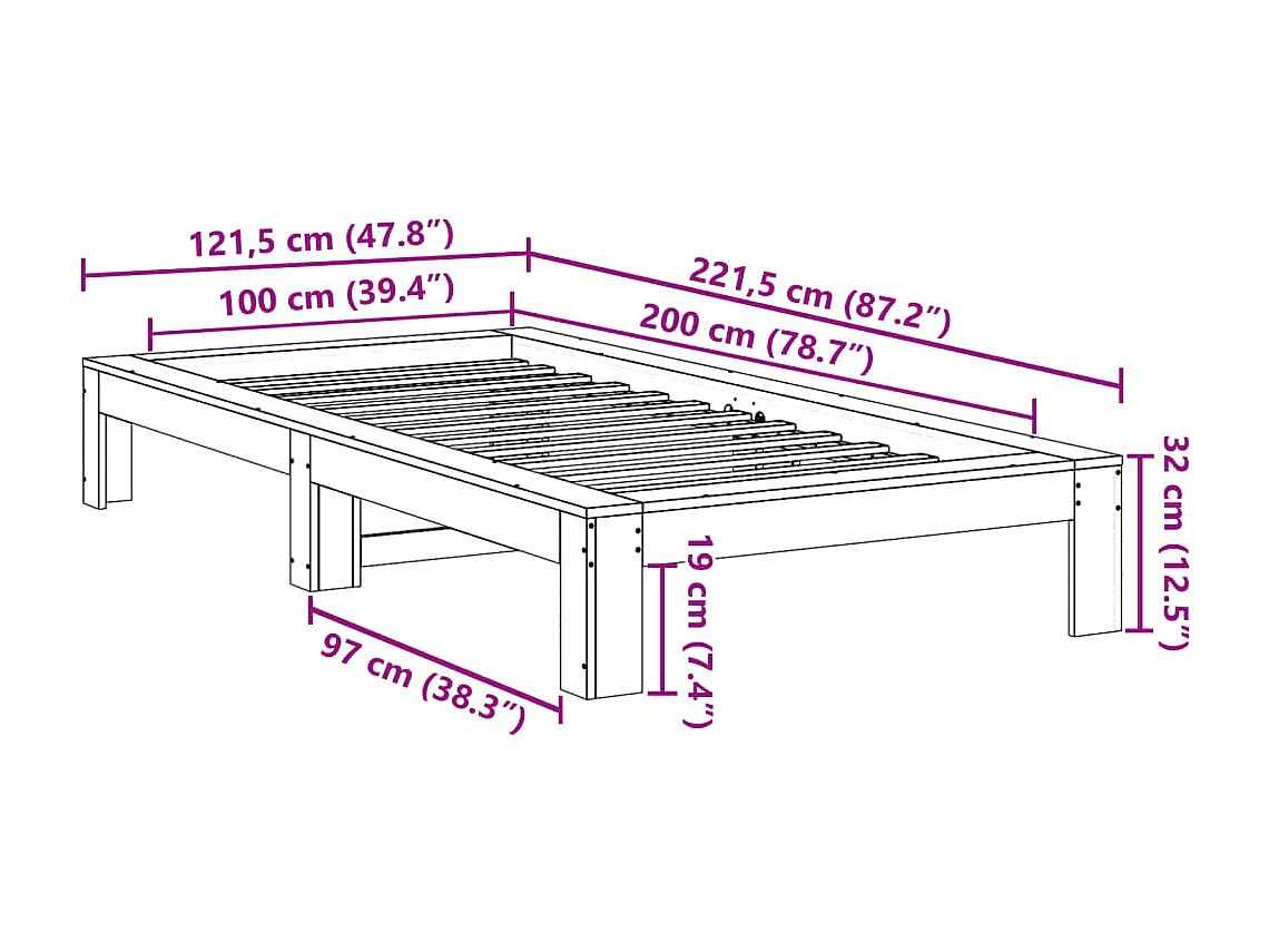 Letto per adulti | Letto singolo | Giroletto senza Materasso 100x200 cm in Legno Massello di Pino