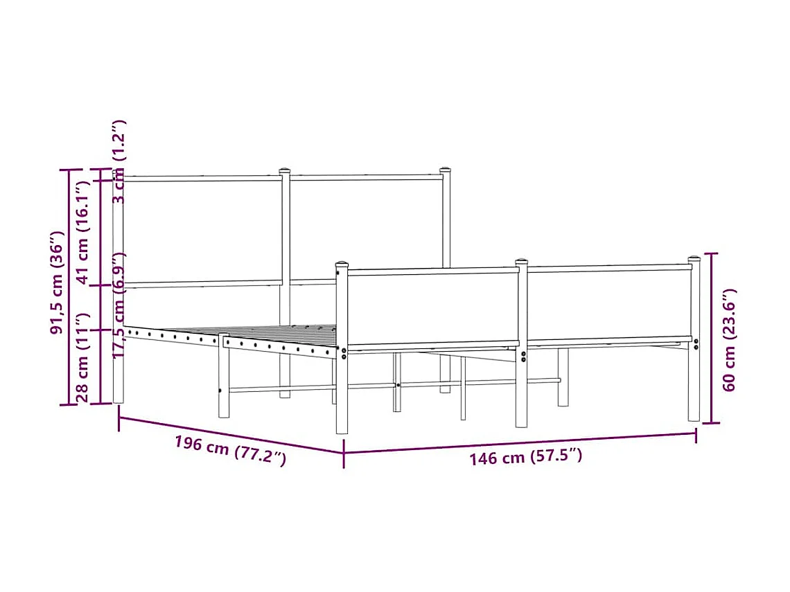 Letto per adulti | Letto matrimoniale | Giroletto senza Materaso in Metallo Rovere Fumo 140x190 cm