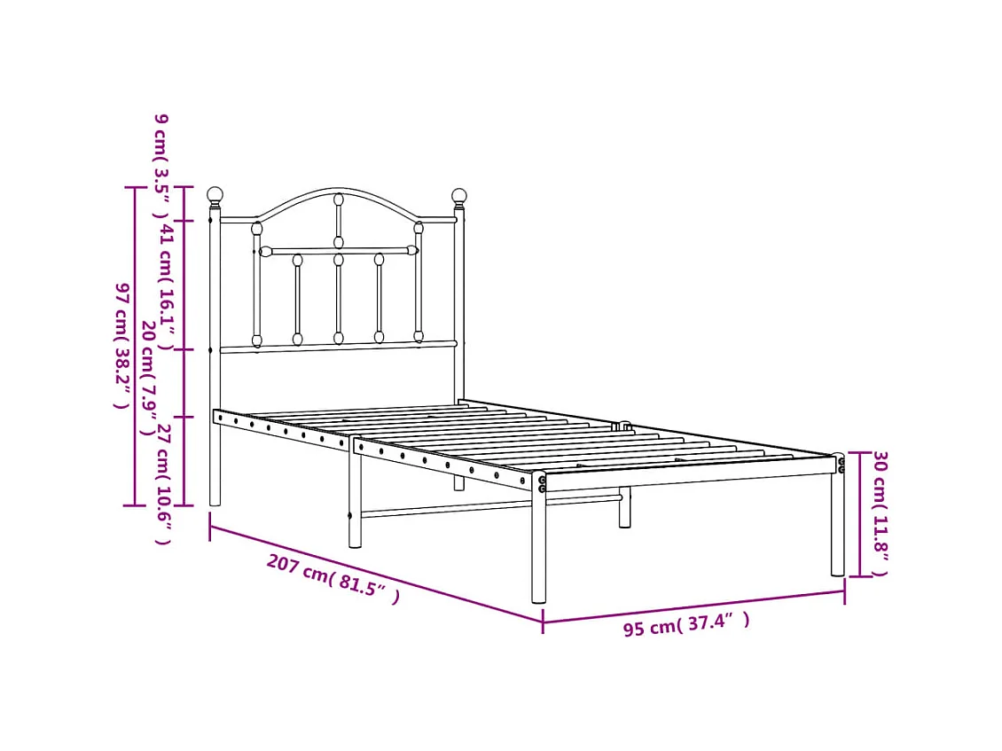 Lit simple | Lit adulte, enfant | Cadre de lit métal avec tête de lit blanc 90x200cm