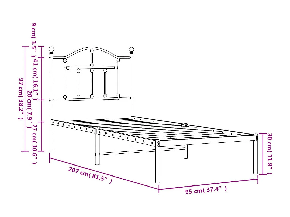 Lit simple | Lit adulte, enfant | Cadre de lit métal avec tête de lit blanc 90x200cm