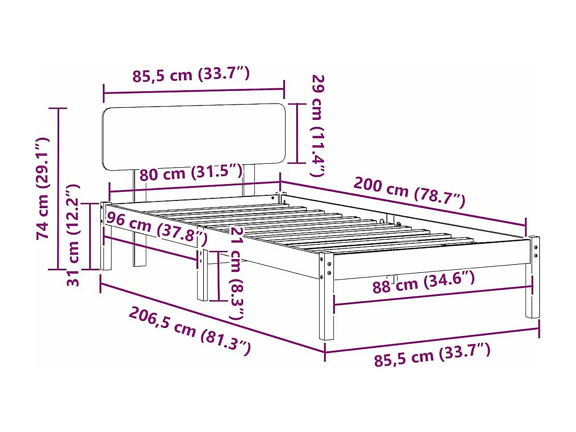 Lit simple | Lit adulte, enfant | Cadre de lit Blanc 80x200 cm Bois massif en pin