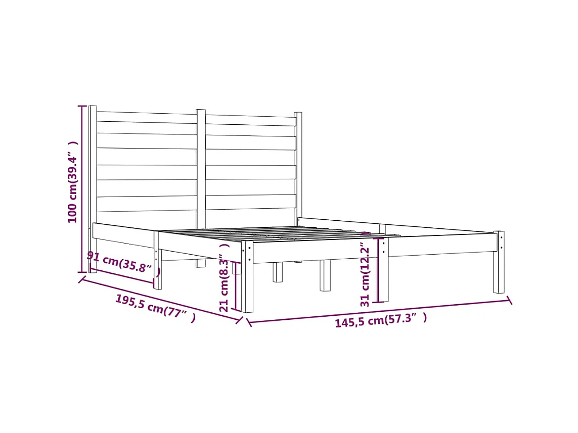 Lit double | Lit adulte | Cadre de lit noir bois massif 140x190 cm