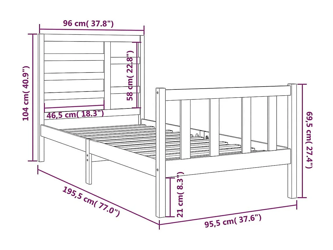 Lit simple | Lit adulte, enfant | Cadre de lit bois massif 90x190 cm