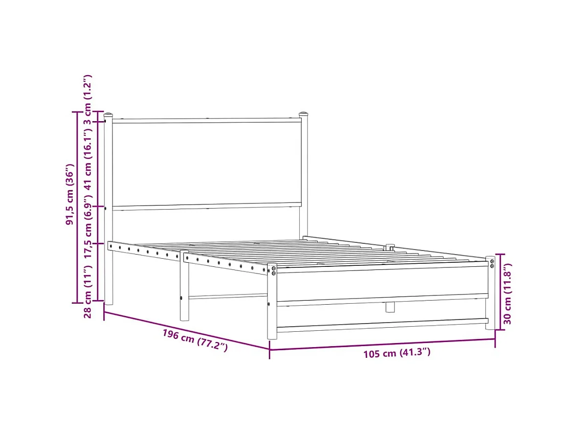 Letto per adulti | Letto singolo | Giroletto senza Materasso in Metallo Rovere Marrone 100x190 cm