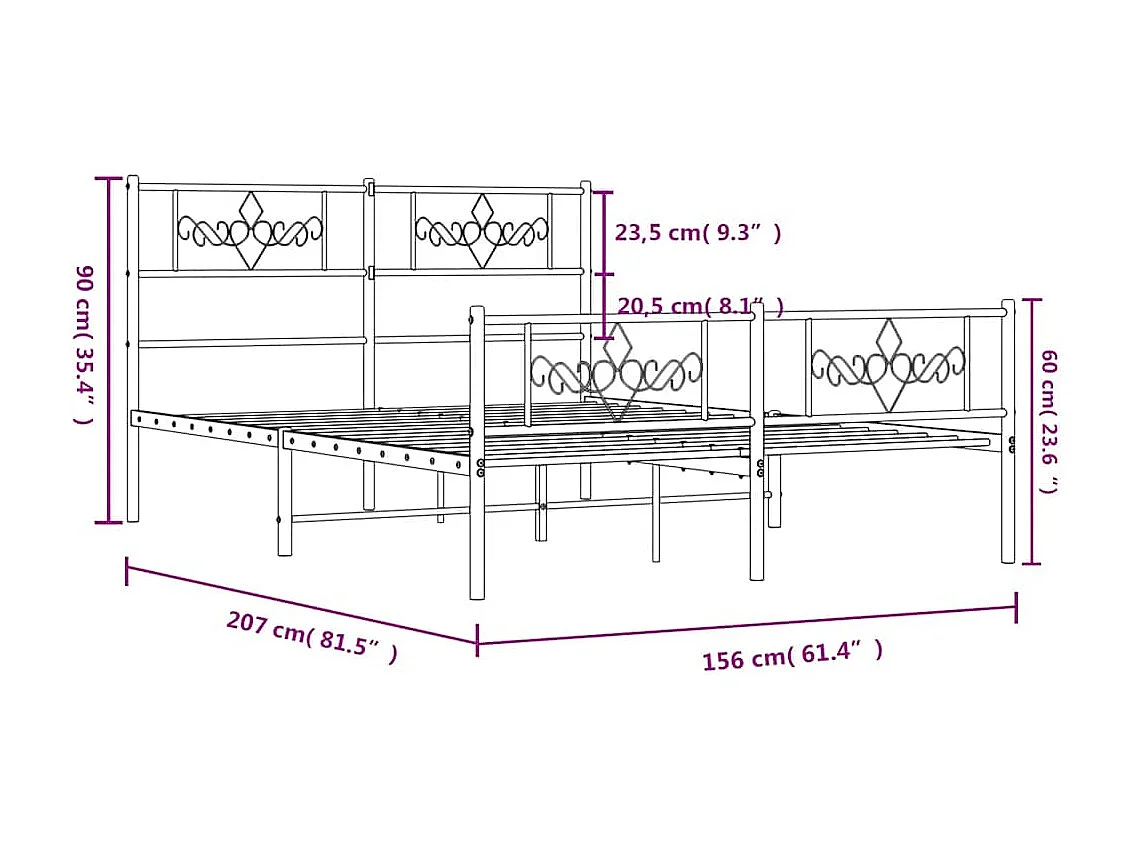 Lit double | Lit adulte | Cadre de lit métal avec pied de lit noir 150x200cm