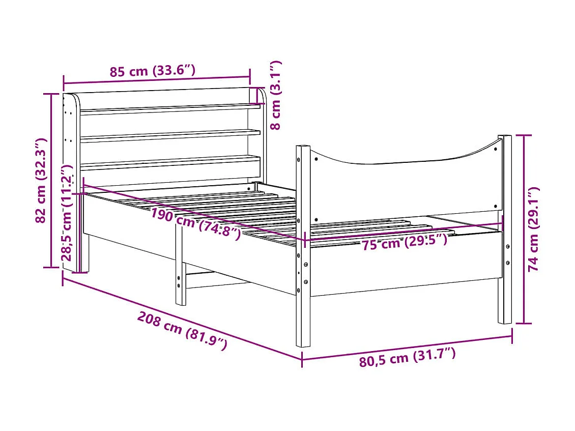 Letto per adulti | Letto singolo | Giroletto con Testiera Marrone Cera 75x190 cm Massello Pino