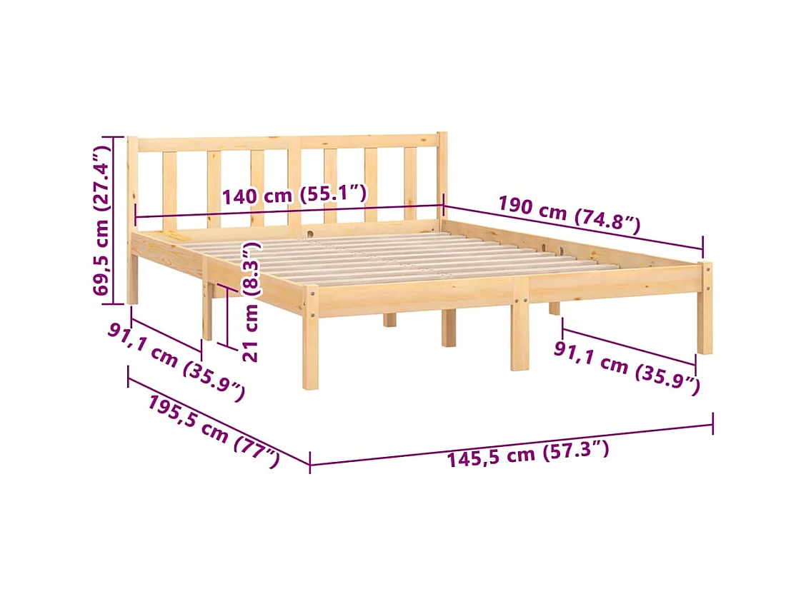 Lit double | Lit adulte | Cadre de lit bois massif 140x190 cm