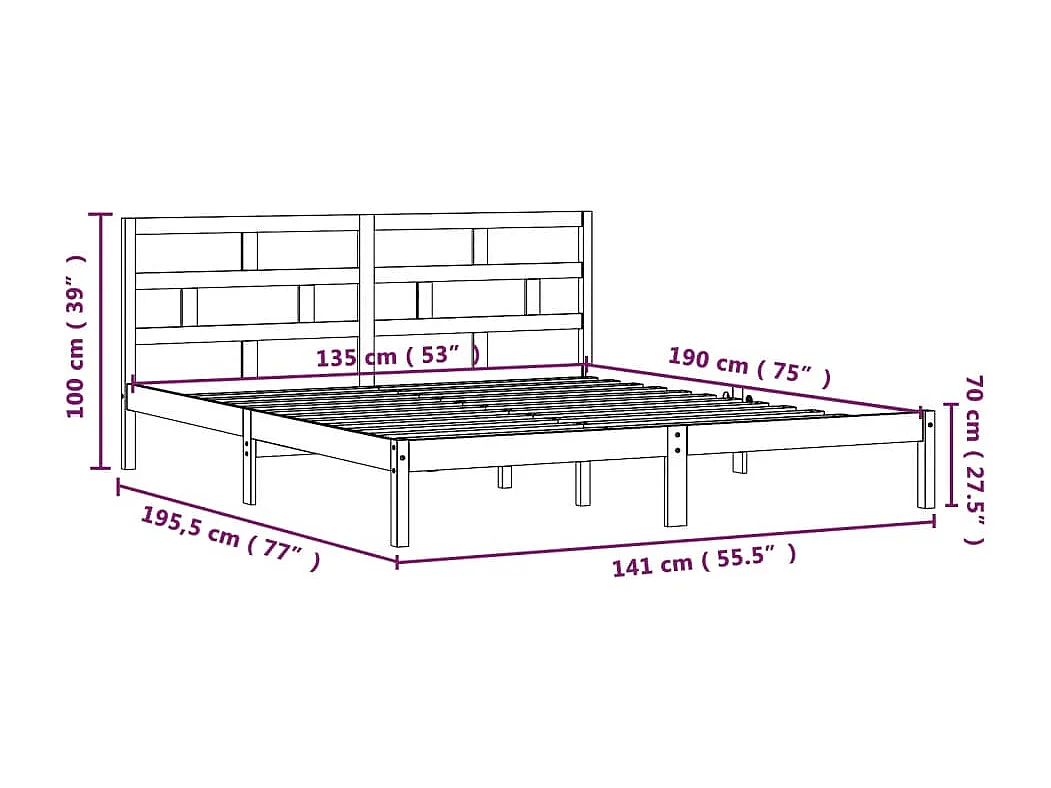 Lit double | Lit adulte | Cadre de lit bois massif 135x190 cm