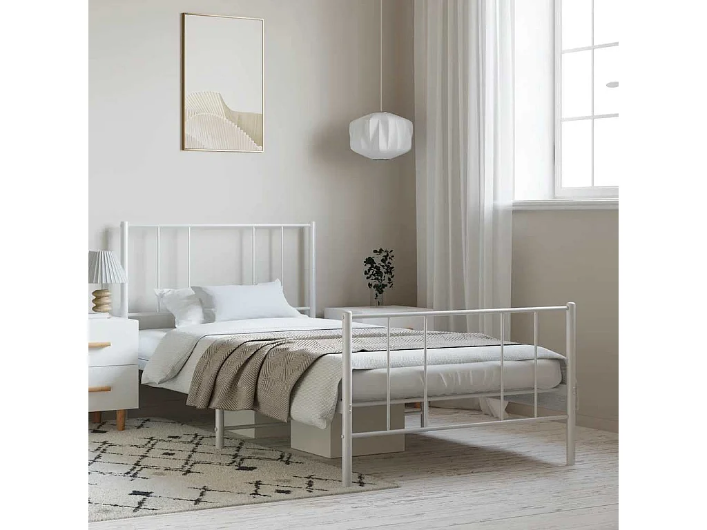 Lit simple | Lit adulte, enfant | Cadre de lit métal et pied de lit blanc 100x190 cm