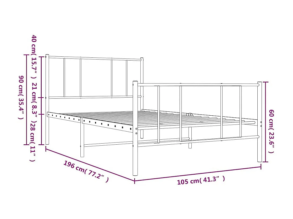 Lit simple | Lit adulte, enfant | Cadre de lit métal et pied de lit blanc 100x190 cm