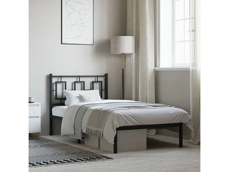 Lit simple | Lit adulte, enfant | Cadre de lit métal avec tête de lit noir 90x190 cm