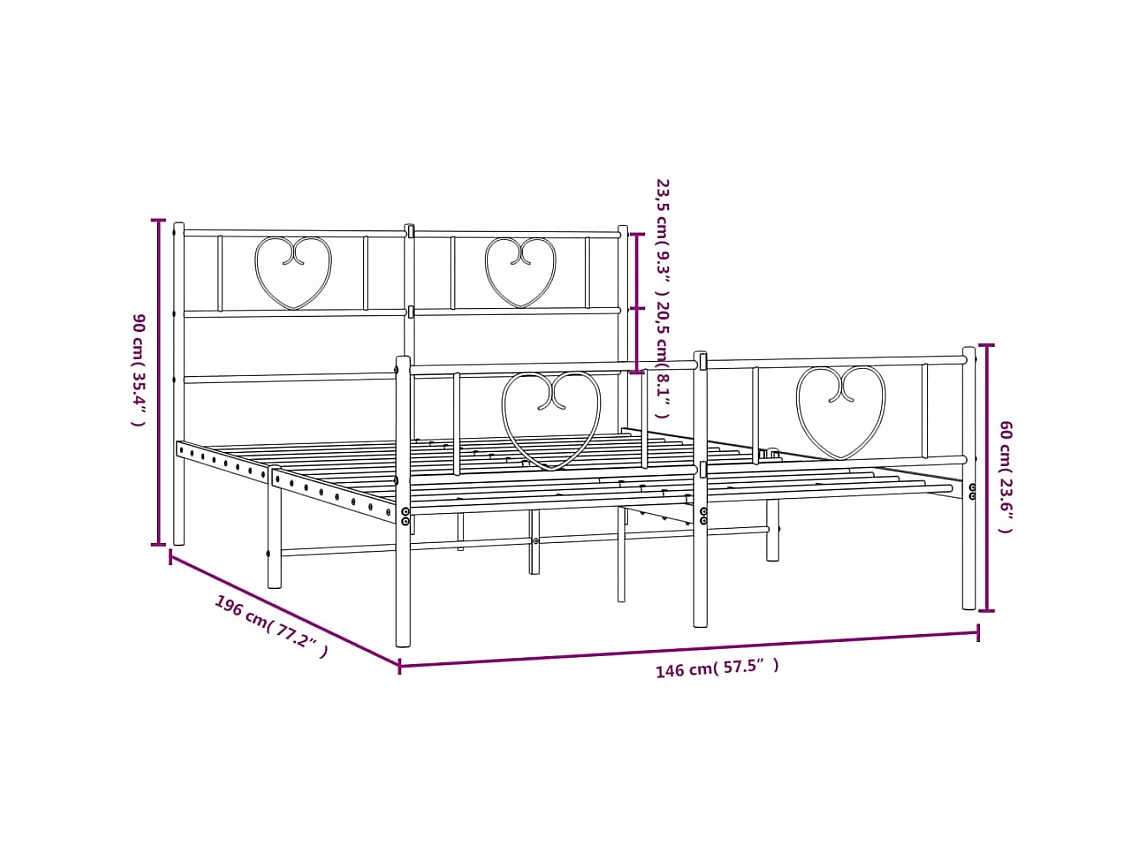 Lit double | Lit adulte | Cadre de lit métal avec pied de lit noir 140x190cm