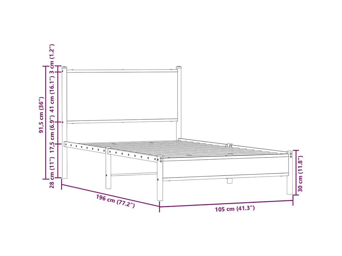 Letto per adulti | Letto singolo | Giroletto senza Materaso in Metallo Rovere Fumo 100x190 cm