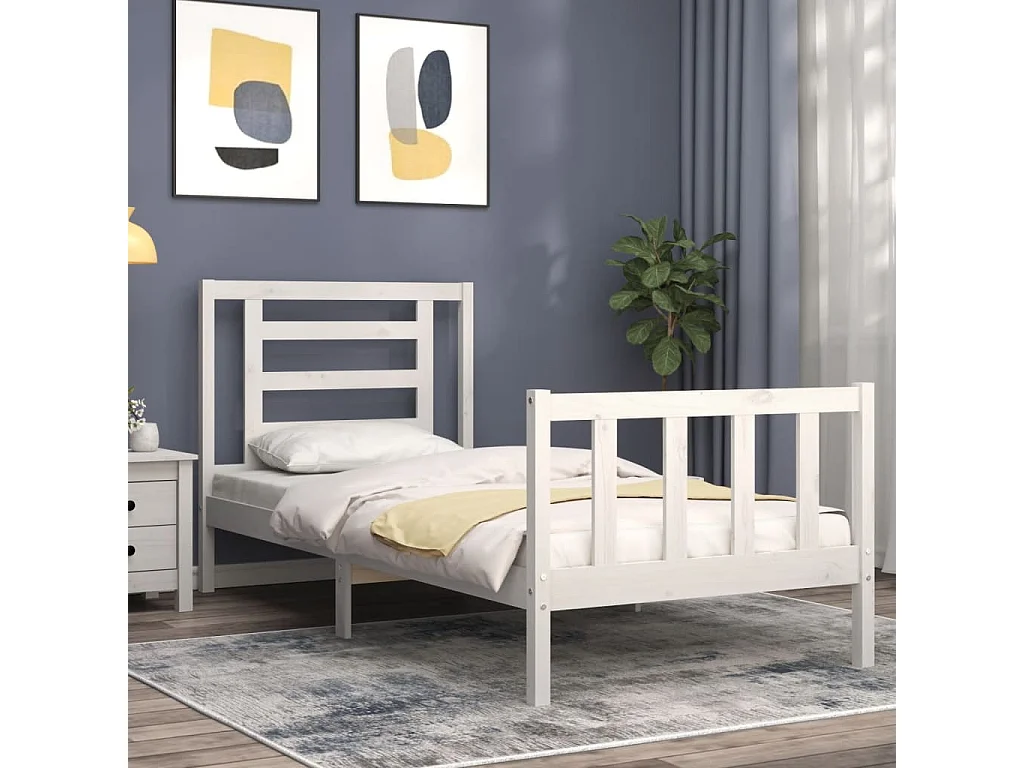Lit simple | Lit adulte, enfant | Cadre de lit blanc bois de pin massif 90x190 cm