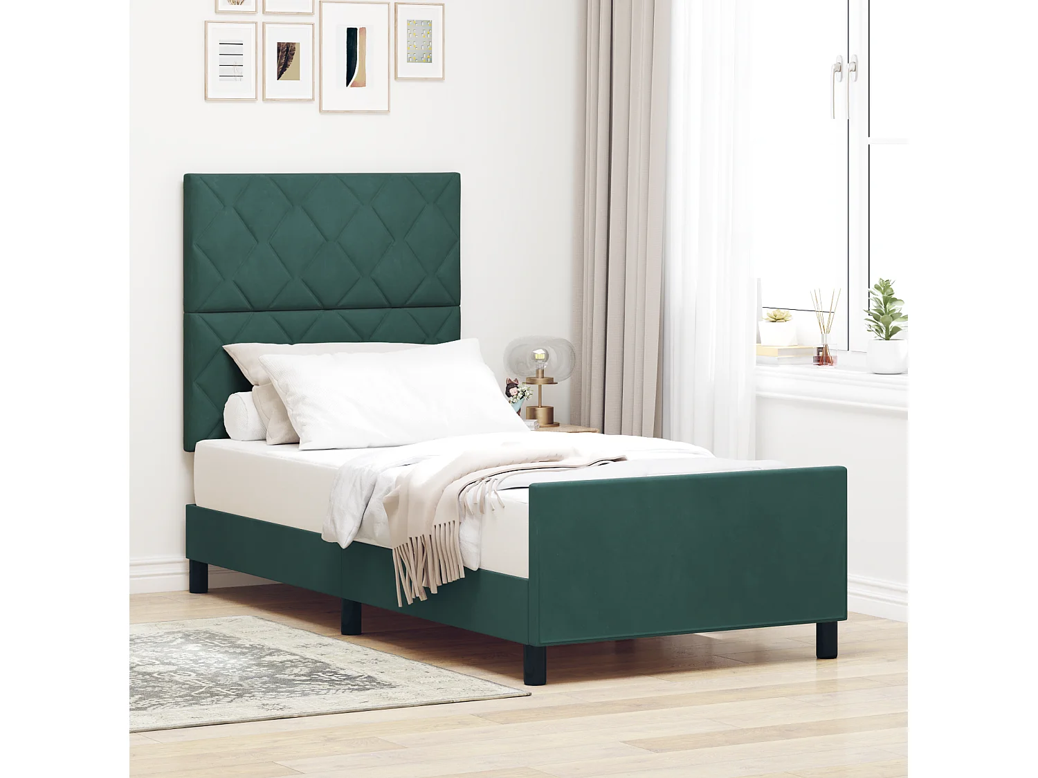Lit simple | Lit adulte, enfant | Cadre de lit avec tête de lit Vert foncé 90x190 cm Velours