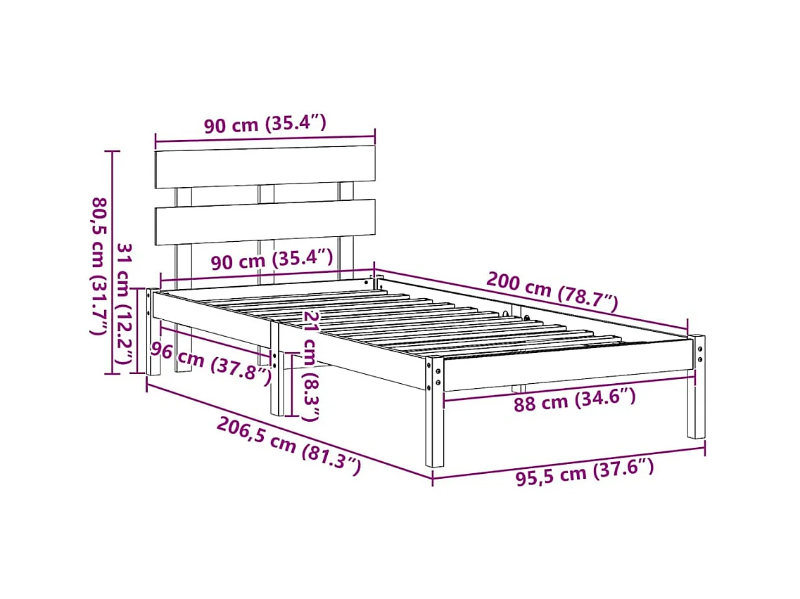 Lit simple | Lit adulte, enfant | Cadre de lit Marron 90x200 cm Bois de pin massif