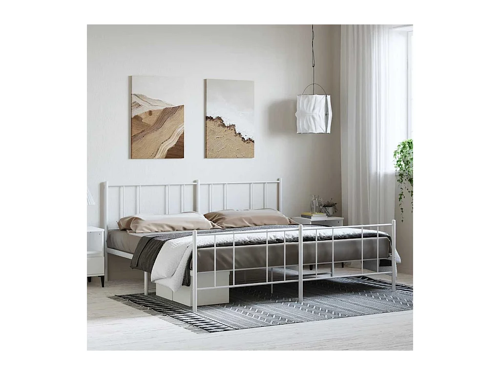 Lit double | Lit adulte | Cadre de lit métal et pied de lit blanc 183x213 cm