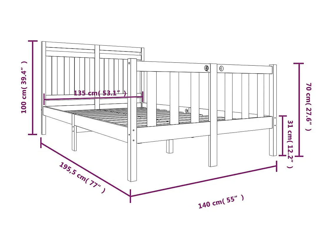 Lit double | Lit adulte | Cadre de lit bois massif 135x190 cm