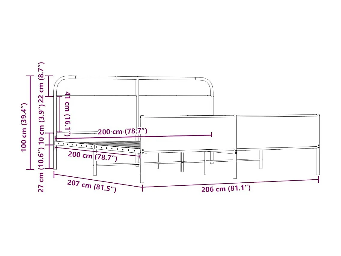 Letto per adulti | Letto matrimoniale | Giroletto senza Materaso in Metallo Rovere Sonoma 200x200 cm