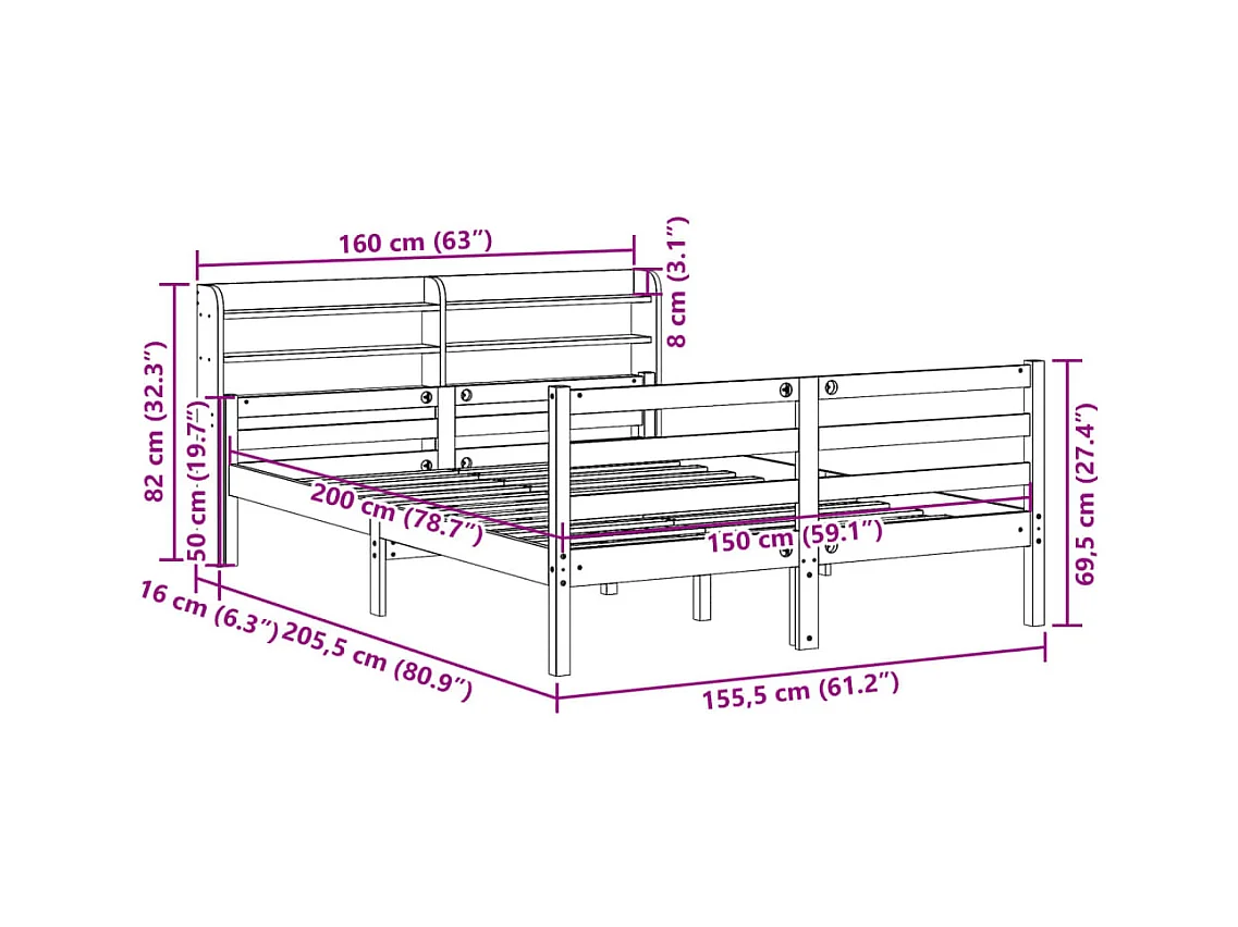 Letto per adulti | Letto matrimoniale | Giroletto con Testiera 150x200 cm in Legno Massello di Pino