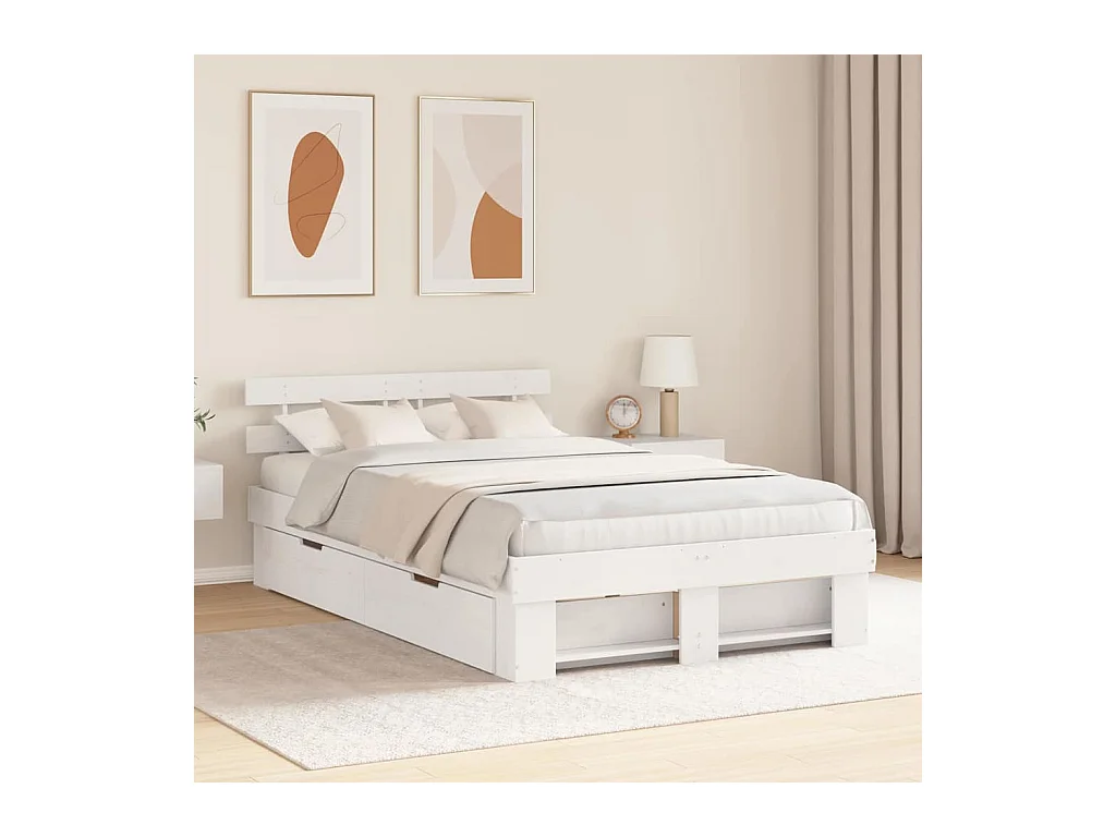 Lit simple | Lit adulte, enfant | Cadre de lit avec tiroirs - Blanc 120x190 cm - Bois de pin massif