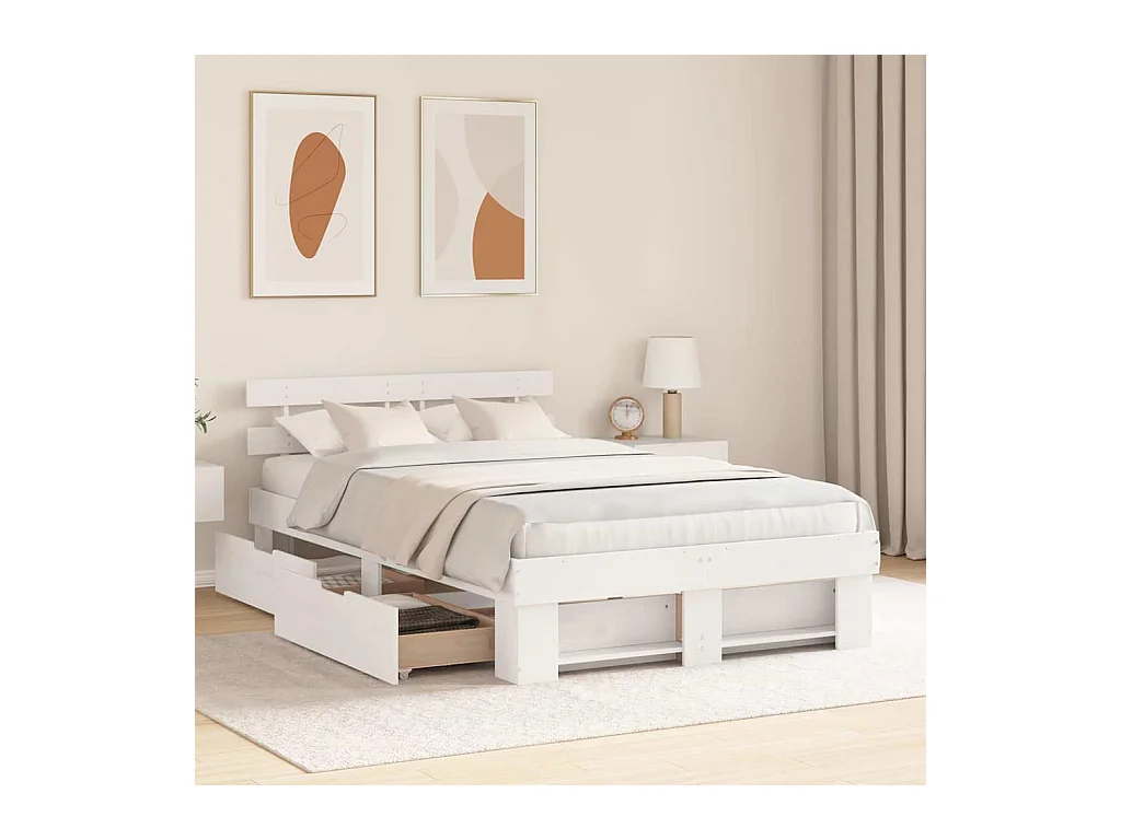 Lit simple | Lit adulte, enfant | Cadre de lit avec tiroirs - Blanc 120x190 cm - Bois de pin massif