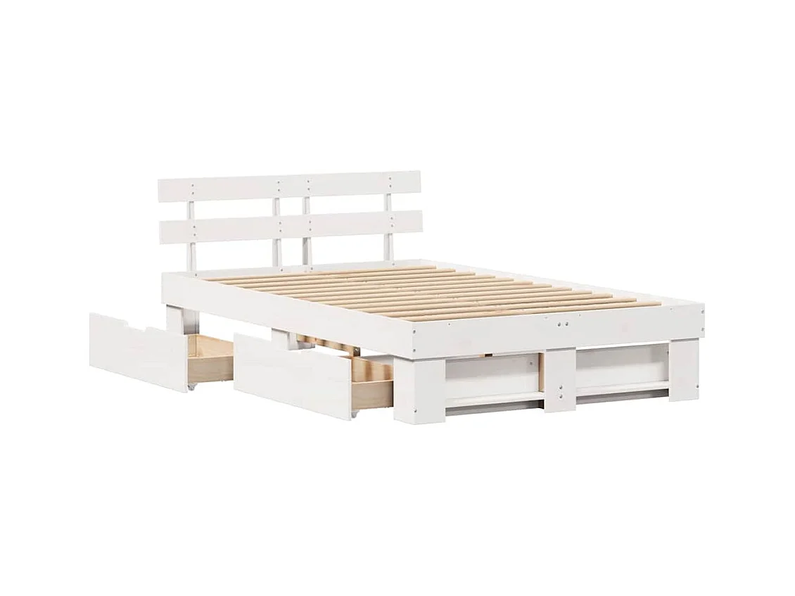 Lit simple | Lit adulte, enfant | Cadre de lit avec tiroirs - Blanc 120x190 cm - Bois de pin massif