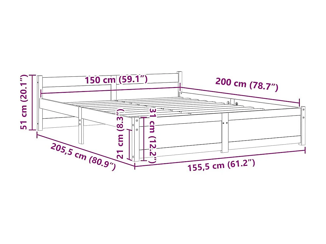 Lit double | Lit adulte | Cadre de lit bois massif 150x200 cm