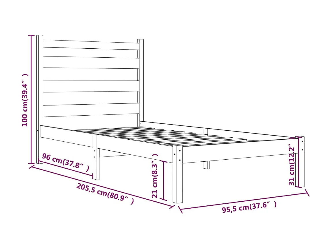 Lit simple | Lit adulte, enfant | Cadre de lit bois massif 90x200 cm