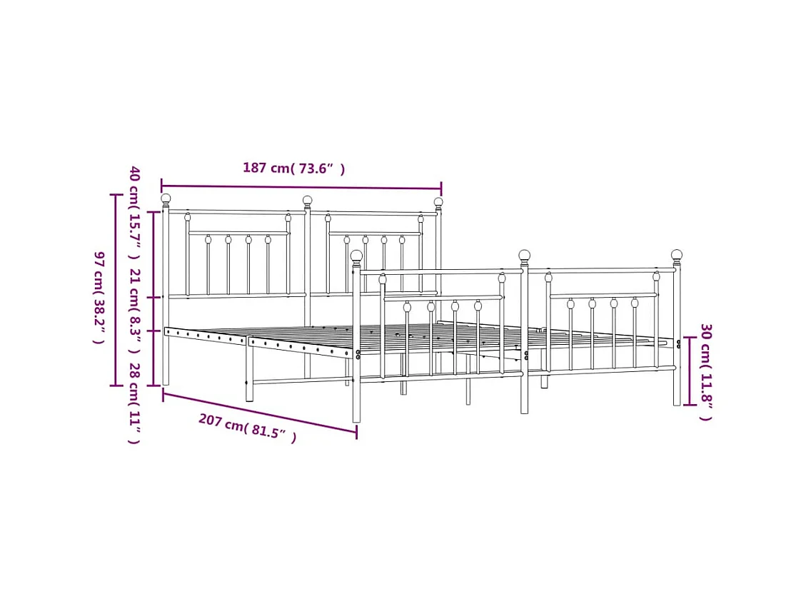 Lit double | Lit adulte | Cadre de lit métal avec pied de lit noir 180x200cm