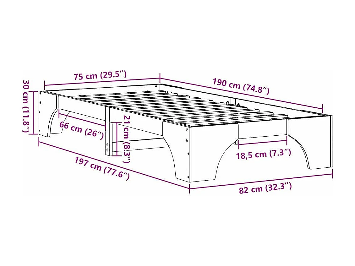 Lit simple | Lit adulte, enfant | Cadre de lit Blanc 75x190 cm en Bois de Pin