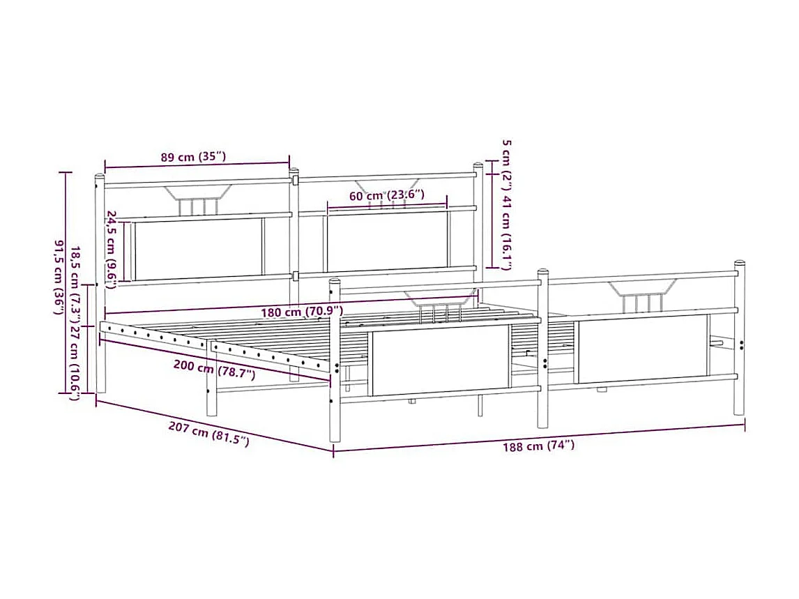 Lit double | Lit adulte | Cadre de lit en métal chêne fumé 180x200 cm