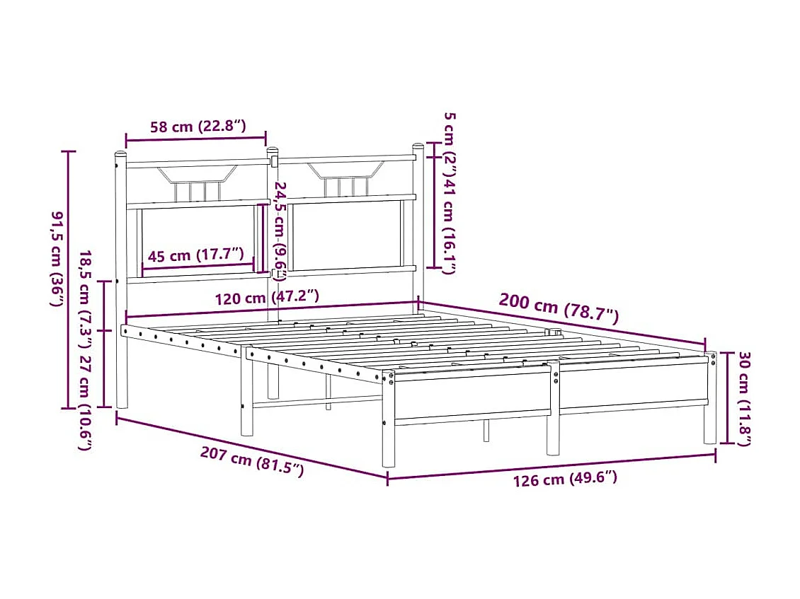 Letto per adulti | Letto singolo | Giroletto senza Materasso Rovere Fumo 120x200 cm in Truciolato