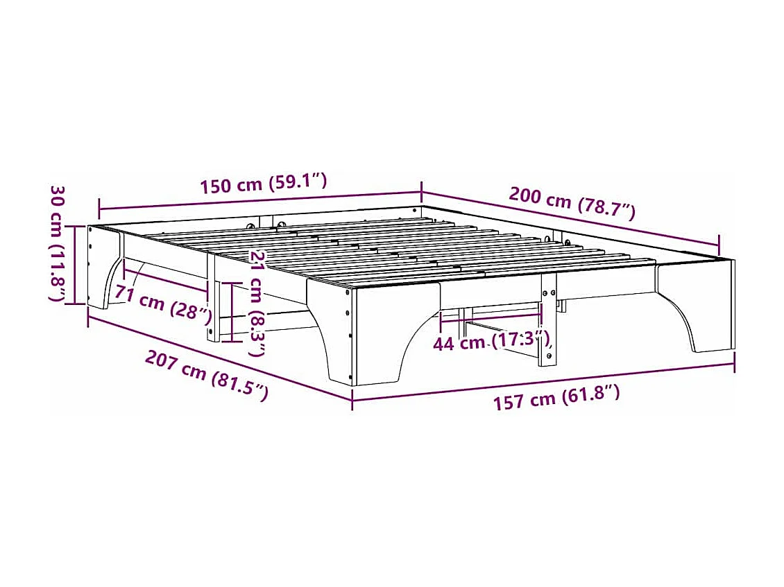 Lit double | Lit adulte | Cadre de lit 150x200 cm en pin massif