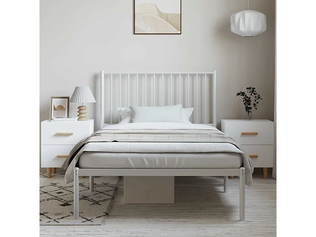 Lit simple | Lit adulte, enfant | Cadre de lit métal et tête de lit blanc 100x200 cm