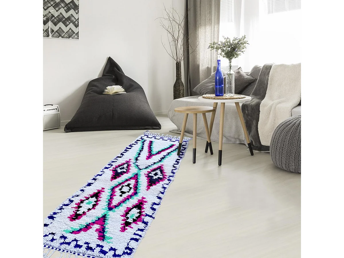 Authentique tapis berbère 70x240 fait à la main en laine crème et rose BENI OUARAIN DH