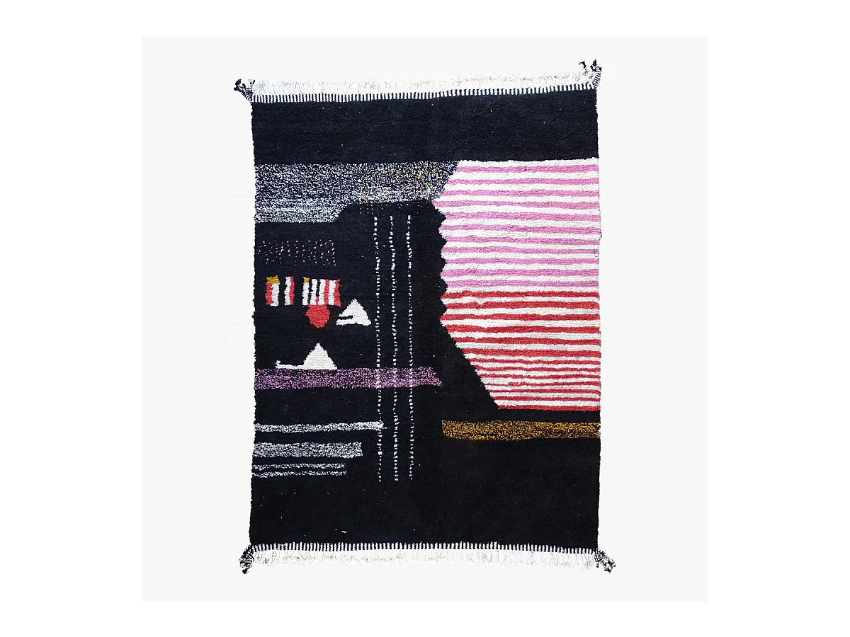 Authentique tapis berbère 220x360 fait à la main en laine noir et rouge BENI OUARAIN DE