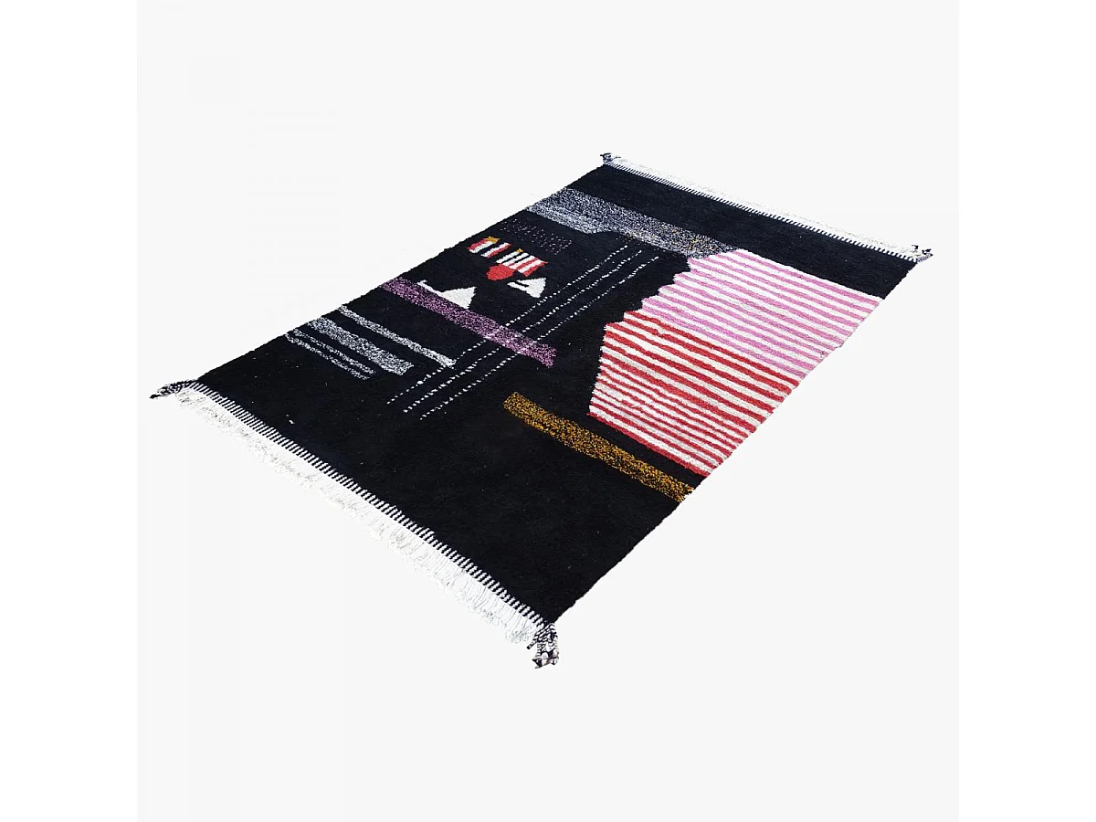 Authentique tapis berbère 220x360 fait à la main en laine noir et rouge BENI OUARAIN DE
