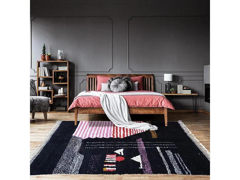 Authentique tapis berbère 220x360 fait à la main en laine noir et rouge BENI OUARAIN DE