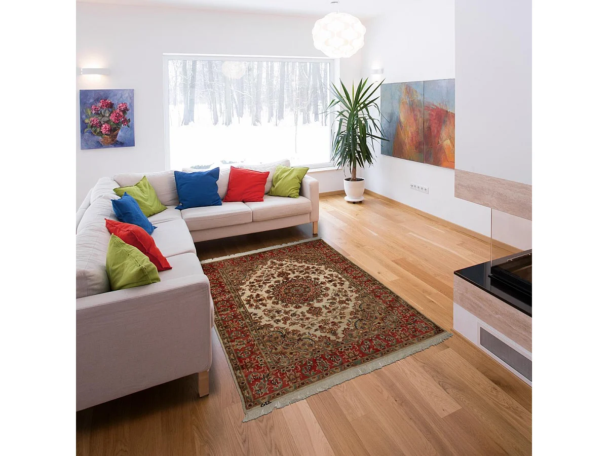 Authentique tapis d'Orient 125x185 fait main en soie beige JIHANGIR 83