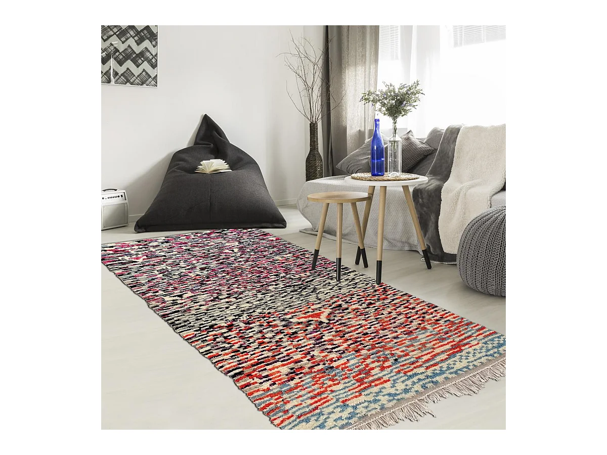 Authentique tapis berbère 140x240 fait à la main en laine blanc cassé et vert AZILAL 25 motif ethnic