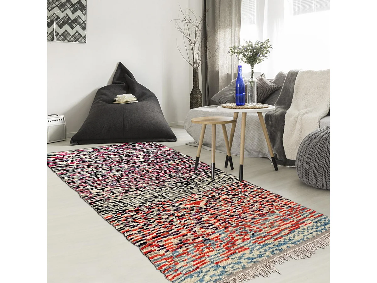 Authentique tapis berbère 140x240 fait à la main en laine blanc cassé et vert AZILAL 25 motif ethnic