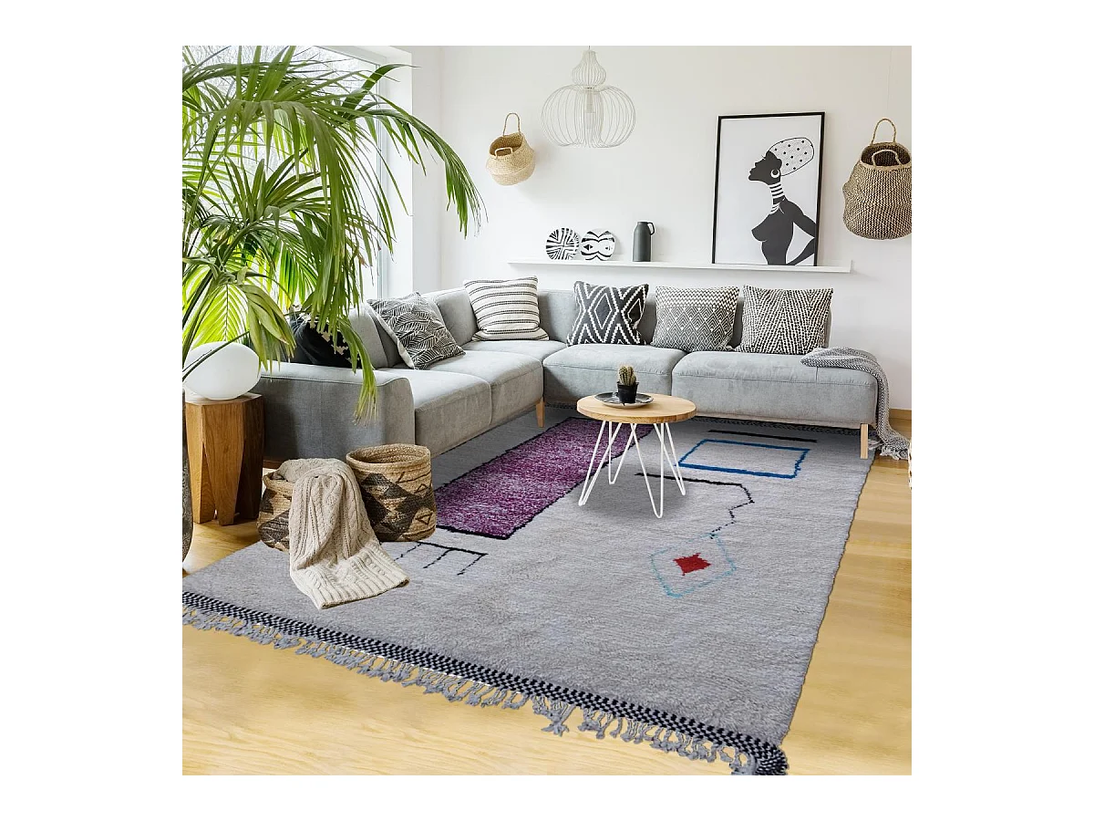 Authentique tapis berbère 260x345 fait à la main en laine blanc cassé et noir BENI OUARAIN U